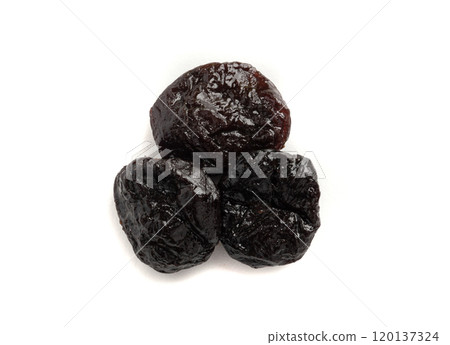 Dry Plums Isolated, Dried Black Fruits, Prune Group, Dry Plum Fruit on White Background 120137324