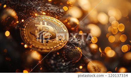 Golden Bitcoin-Decorated Christmas Tree in Bright Studio Setting. Generative AI 120137334