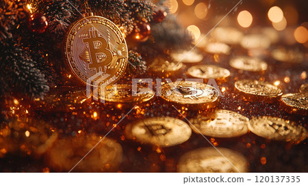 Golden Bitcoin-Decorated Christmas Tree in Bright Studio Setting. Generative AI 120137335