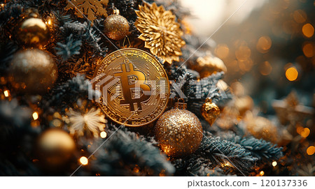 Golden Bitcoin-Decorated Christmas Tree in Bright Studio Setting. Generative AI 120137336