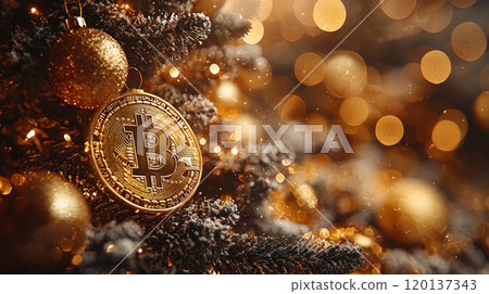 Golden Bitcoin-Decorated Christmas Tree in Bright Studio Setting. Generative AI 120137343