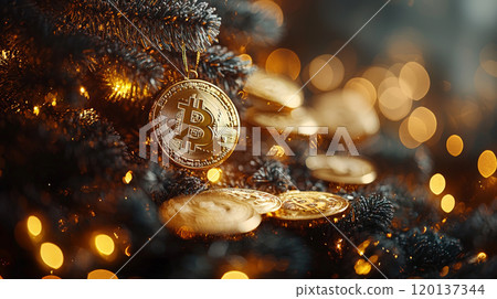 Golden Bitcoin-Decorated Christmas Tree in Bright Studio Setting. Generative AI Golden Bitcoin-Decorated Christmas Tree in Bright Studio Setting. Generative AI 120137344