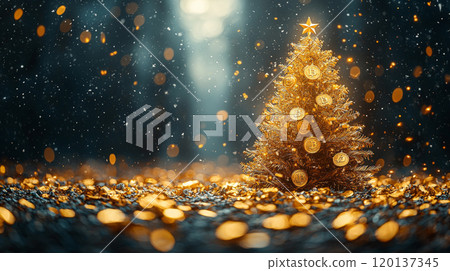 Golden Bitcoin-Decorated Christmas Tree in Bright Studio Setting. Generative AI 120137345