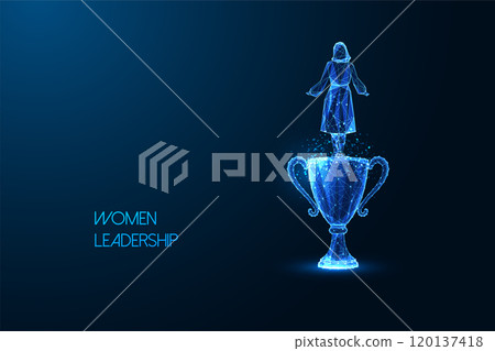 Women leadership concept with female silhouette standing on trophy cup on dark blue background.  120137418