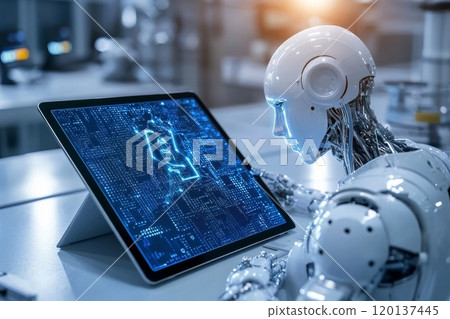 Robot Uses Tablet on AI-driven, Data Analysis, Machine Learning. 120137445