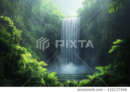 Rainforest with lush vegetation, cascading waterfall, digital painting. 120137446