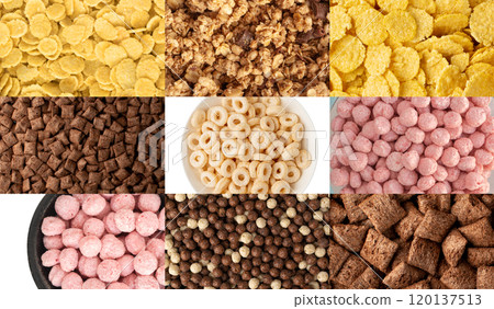 Breakfast cereal balls mix texture background, crunchy corn cereals collage, color crispy corn balls pattern Breakfast cereal balls mix texture background, crunchy corn cereals collage, color crispy corn balls pattern 120137513