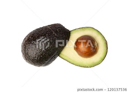 Hass Avocado Half Isolated, Whole Sharwil Set, Brown Avocados Cut, Fresh Alligator Pear, Persea Americana 120137536