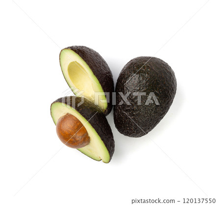 Hass Avocado Half Isolated, Whole Sharwil Set, Brown Avocados Cut, Fresh Alligator Pear, Persea Americana Hass Avocado Half Isolated, Whole Sharwil Set, Brown Avocados Cut, Fresh Alligator Pear, Persea Americana 120137550