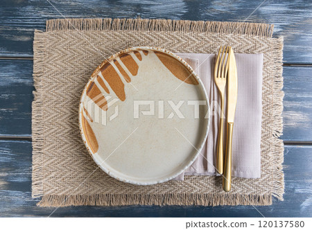 Restaurant Plate Mockup, Rustic Table Setting With White Plate and Napkin 120137580