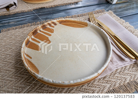 Restaurant Plate Mockup, Rustic Table Setting With White Plate and Napkin Restaurant Plate Mockup, Rustic Table Setting With White Plate and Napkin 120137583