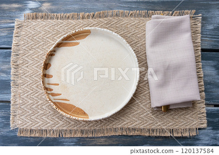 Restaurant Plate Mockup, Rustic Table Setting With White Plate and Napkin Restaurant Plate Mockup, Rustic Table Setting With White Plate and Napkin 120137584