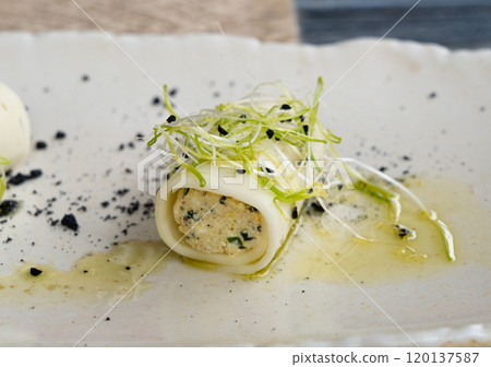 Rolls filled with ricotta cheese, stuffed canneloni cold appetizer, Georgian cuisine. White small shawarma 120137587
