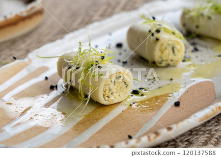Rolls filled with ricotta cheese, stuffed canneloni cold appetizer, Georgian cuisine. White small shawarma 120137588