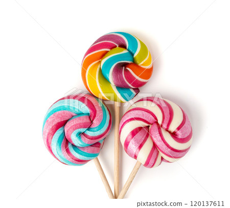 Color lollipop, spiral candy on stick, colorful striped lollypop, round fruit caramel, circle lollipop 120137611