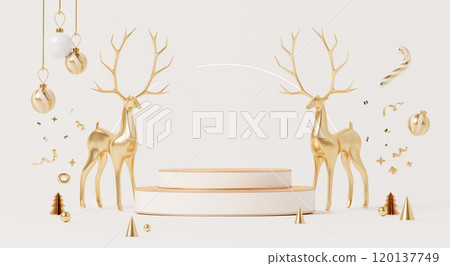 3D render, Merry Christmas holiday background with empty stage podium decorated with golden ball, reindeer and confetti for banner. 120137749
