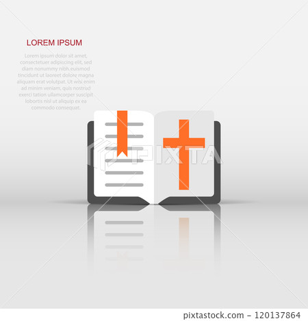 Bible book icon in flat style. Church faith vector illustration on white isolated background. Spirituality business concept. 120137864