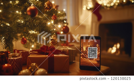 Elegant christmas card with qr code for festive greetings design Elegant christmas card with qr code for festive greetings design 120138025