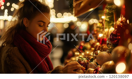 Woman choosing handmade ornaments at a festive christmas market for holiday decor Woman choosing handmade ornaments at a festive christmas market for holiday decor 120138097