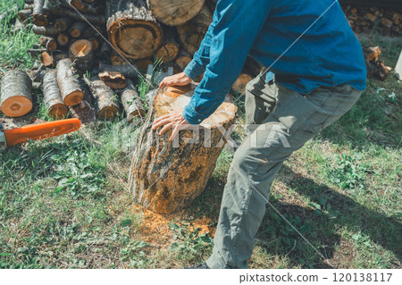 Making firewood with a chainsaw 120138117