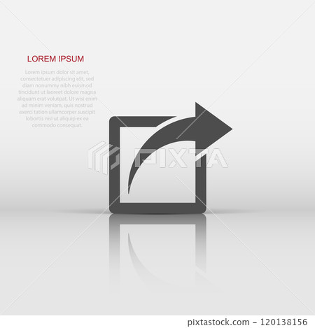 Share button icon in flat style. Arrow sign vector illustration on white isolated background. Send file business concept. Share button icon in flat style. Arrow sign vector illustration on white isolated background. Send file business concept. 120138156