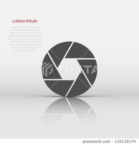Camera diaphragm icon in flat style. Lens sign vector illustration on white isolated background. Photo snapshot business concept. Camera diaphragm icon in flat style. Lens sign vector illustration on white isolated background. Photo snapshot business concept. 120138174