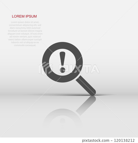 Risk analysis icon in flat style. Exclamation magnifier vector illustration on white isolated background. Attention business concept. Risk analysis icon in flat style. Exclamation magnifier vector illustration on white isolated background. Attention business concept. 120138212