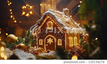 Festive gingerbread house with intricate icing and holiday decor for christmas celebration 120138278