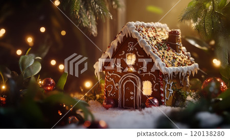 Gingerbread house with intricate icing design for christmas decoration 120138280