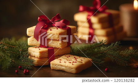 Holiday gift wrapped shortbread cookies with festive ribbon and seasonal decor 120138282