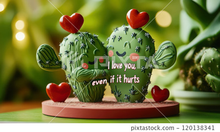 Valentine's day card with cartoon cacti and heartfelt message for romantic design Valentine's day card with cartoon cacti and heartfelt message for romantic design 120138341