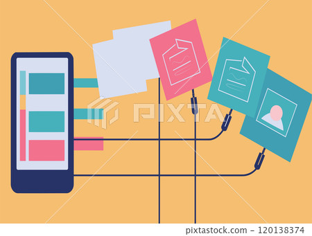 Hand drawn vector illustration Following concept illustrations with social media on cards an Hand drawn vector illustration Following concept illustrations with social media on cards an 120138374