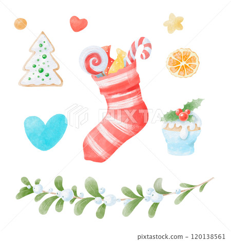 Watercolor illustration Christmas set of gifts, sweets, elements Watercolor illustration Christmas set of gifts, sweets, elements 120138561