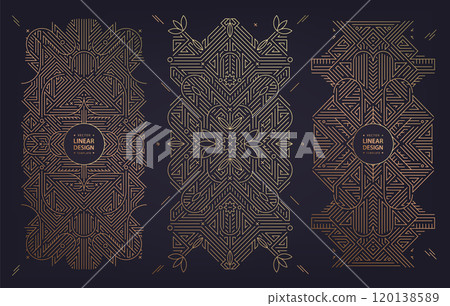 Vector set art deco gold line frames, abstract gatsby bordes, ornament borders, premium illustrations. Classic geometric patterns, floral textures. 120138589