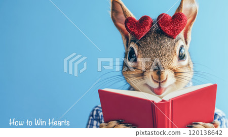 Cute cartoon squirrel reading valentine's card with heart decorations Cute cartoon squirrel reading valentine's card with heart decorations 120138642