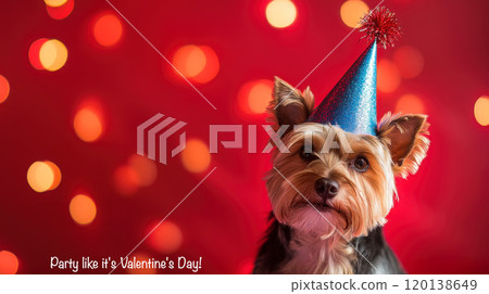 Small dog in party hat celebrating valentine's day in festive setting 120138649