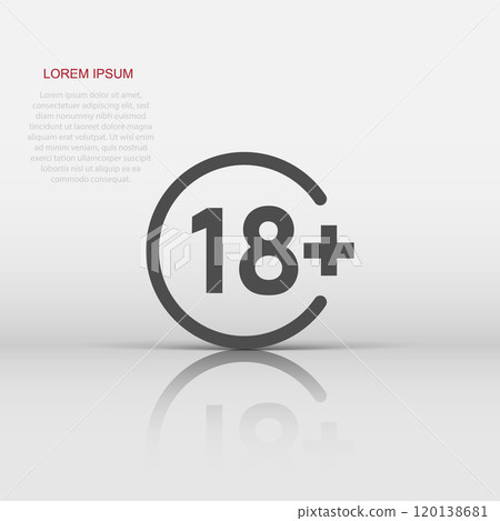 Eighteen plus icon in flat style. 18 vector illustration on white isolated background. Censored business concept. Eighteen plus icon in flat style. 18 vector illustration on white isolated background. Censored business concept. 120138681