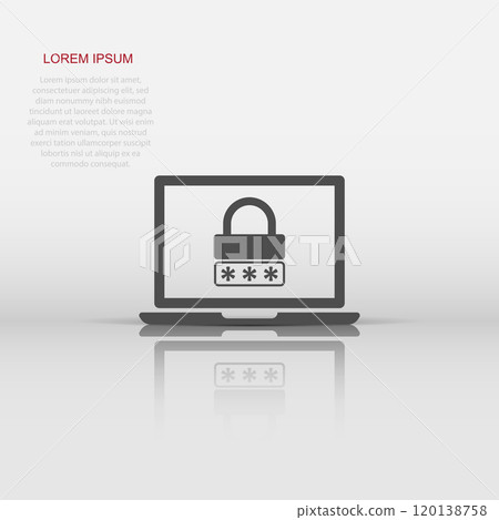 Laptop with password icon in flat style. Computer access vector illustration on white isolated background. Padlock entry business concept. Laptop with password icon in flat style. Computer access vector illustration on white isolated background. Padlock entry business concept. 120138758
