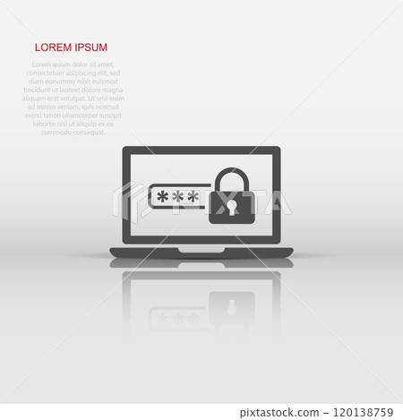 Laptop with password icon in flat style. Computer access vector illustration on white isolated background. Padlock entry business concept. Laptop with password icon in flat style. Computer access vector illustration on white isolated background. Padlock entry business concept. 120138759