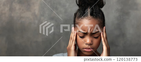 Young girl with migraine holding her head Young girl with migraine holding her head 120138773