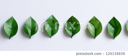 Green paper origami leaves arranged in a row banner 120138830