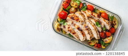 Grilled Chicken Slices with Roasted Vegetables in Glass Container 120138845