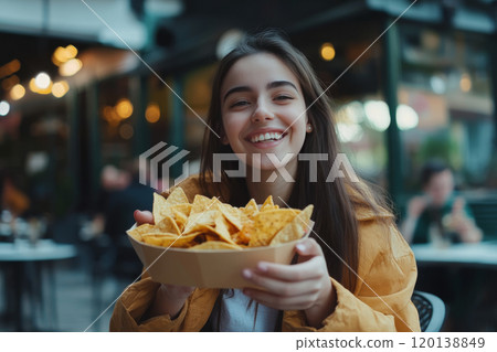 Happy young woman eating nachos at an outdoor restaurant 120138849