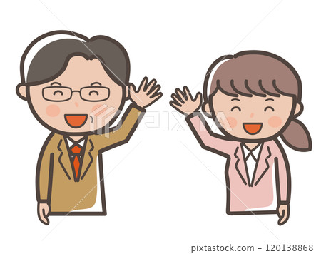 身穿西裝的男女商人上半身插圖，笑容滿面地打招呼_老闆和下屬組 120138868