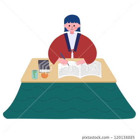 一名年輕女子穿著短外套在被爐下學習的插圖 一名年輕女子穿著短外套在被爐下學習的插圖 120138885