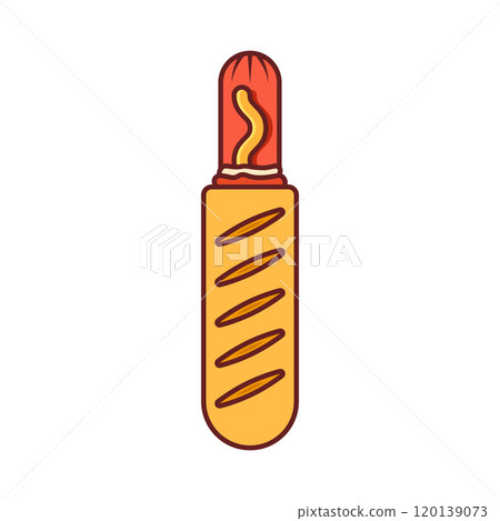 Hotdog icon in flat style. Hot dog fastfood vector illustration on isolated background. Bun with sausage sign business concept. Hotdog icon in flat style. Hot dog fastfood vector illustration on isolated background. Bun with sausage sign business concept. 120139073