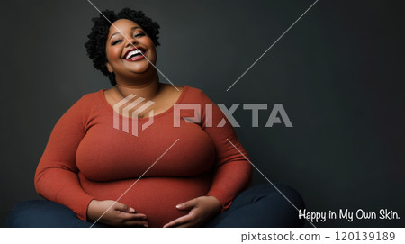 Confident plus size woman embracing self-love and body positivity 120139189