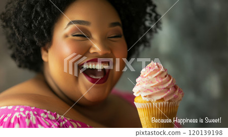Joyful plus-size woman enjoying a sweet cupcake moment for happy celebrations Joyful plus-size woman enjoying a sweet cupcake moment for happy celebrations 120139198