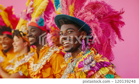 Vibrant carnival performers in colorful feathered costumes 120139248