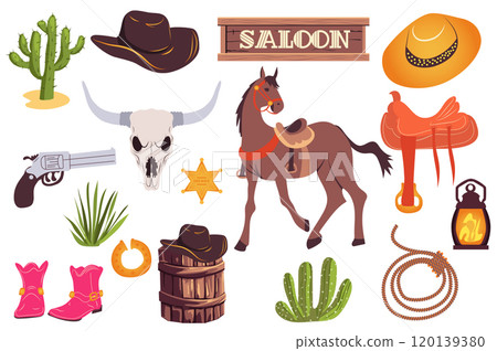 Wild west elements in flat graphic design. Collection of saloon board, horse, cowboy hat, saddle, lantern, lasso rope, cactus, cow skull, sheriff star, revolver gun, boots, other. Vector illustration. Wild west elements in flat graphic design. Collection of saloon board, horse, cowboy hat, saddle, lantern, lasso rope, cactus, cow skull, sheriff star, revolver gun, boots, other. Vector illustration. 120139380